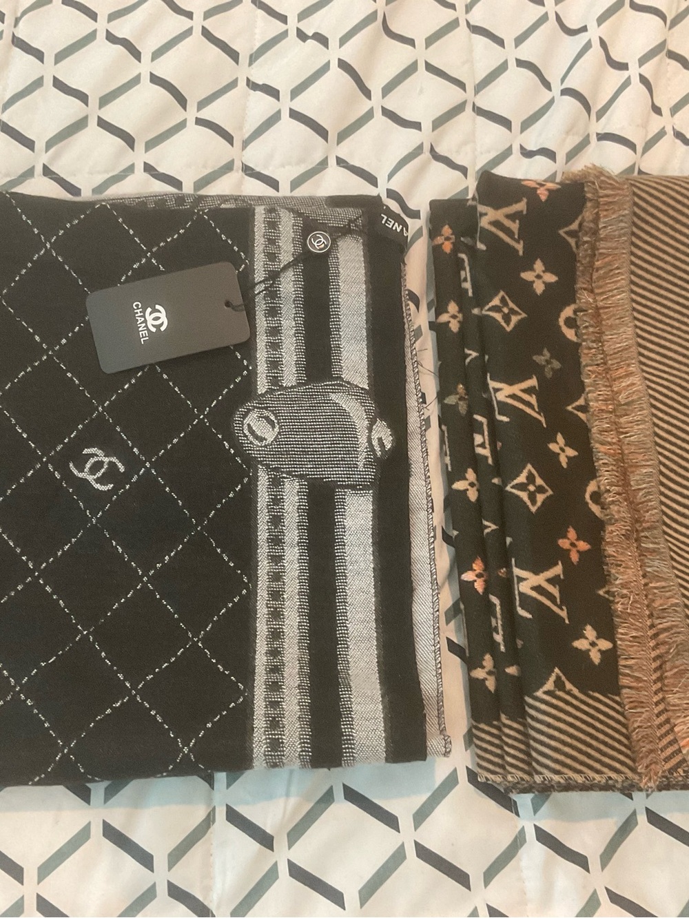 CHANEL Black and White Eiffel Tower Silk-Feel Scarf and LOUIS VUITTON Brown - Picture 3 of 3